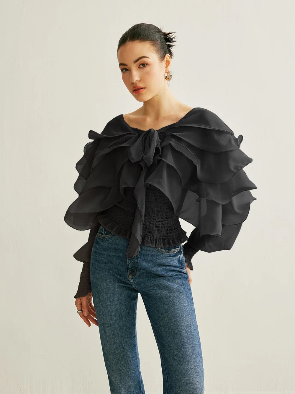 COMMENSE Semi-Sheer Chiffon Ruffle Backless Top - size Small